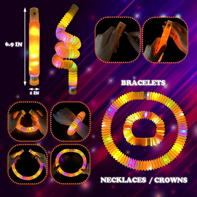 Orange Glow Sticks Pop Tubes,12-24PCS Light Up Necklaces & Bracelets,Mardi Gras Party Favors Accessories Decorations,Glow Birthday Wedding Carnival Valentines Day Party Supplies for Kids & Adults