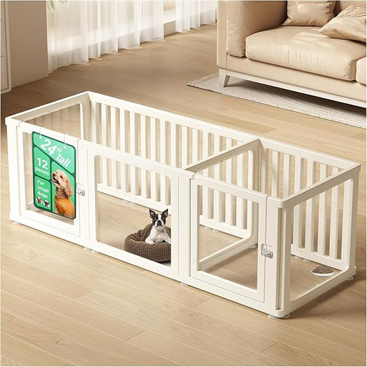 Transparent 12-Panel Dog Playpen, Acrylic Indoor/Outdoor Puppy Pen for Small & Medium Dogs, 24 Inch with Door, White(Ventilated Design 74 * 26 Two Rooms,24 inch)