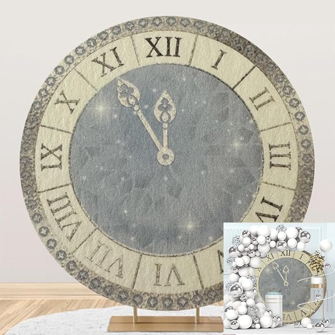 7.5x7.5ft Happy New Year 2025 Round Backdrop Cover for Party - Vintage Clock Photography Background for Eve Countdown, Family Celebration Portrait Supplies