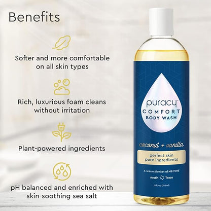 Puracy Body Wash, Natural Body Wash, 98.6% Pure Plant Ingredients, Moisturizing Shower Gel for Women Men Kids, Body Soap for Dry Sensitive Skin. Gently Scented with Coconut & Vanilla 12 Oz (2-Pack)
