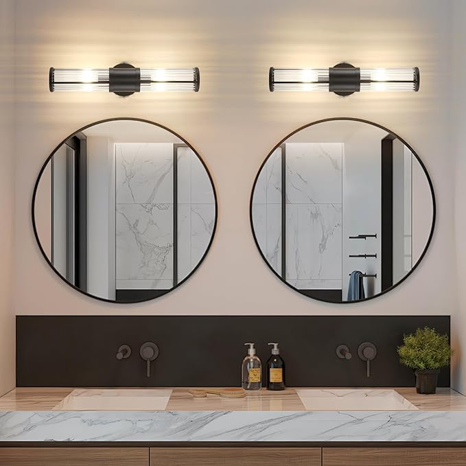 JOOSENLUX Black Vanity Light, Set of 2 Bathroom Sconces with E12 Base and Glass Rod Design – Modern Bathroom Vanity Light Fixture for Mirror, Powder Room, Bedroom, Hallway