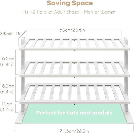 Varhomax White Shoe Rack, Bamboo Shoe Rack Organizer for Closet and Entryway, Thick Wooden Free Standing Shoe Shelf for Small Spaces, Sturdy & Versatile for Bedroom, Bathroom, Garage (3-Tier)
