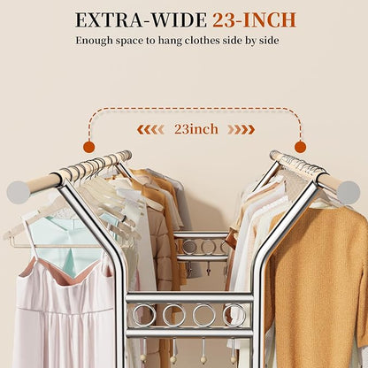 Heavy Duty Clothes Rack - Double Rod Clothing Racks for Hanging Clothes, Portable & Adjustable Garment Rack with Wheels, Rolling Clothes Rack Load 670LBS for Bedrooms, Laundry, Closet (Sliver)