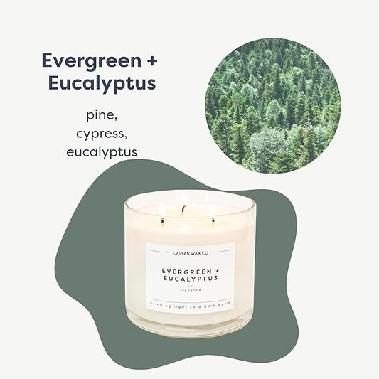 Calyan Wax Co. Evergreen & Eucalyptus 3 Wick Scented Candle - 43 Hour Burn - Luxury 3 Wick Soy Candles - Non Toxic Soy Wax Candles - Long Lasting Large Glass Jar Candle for Home - 14.9oz