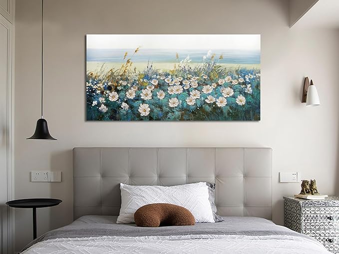 Arjun Flower Wall Art Bedroom Wall Decor Canvas White Daisy Floral Painting Landscape Picture Art Work for Living Room Wall Decor Textured Large Bathroom Office Home Dining Room, 40"x20"