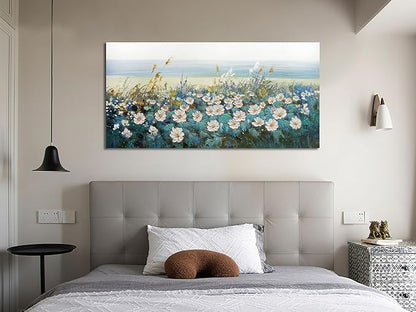 Arjun Flower Wall Art Bedroom Wall Decor Canvas White Daisy Floral Painting Landscape Picture Art Work for Living Room Wall Decor Textured Large Bathroom Office Home Dining Room, 40"x20"
