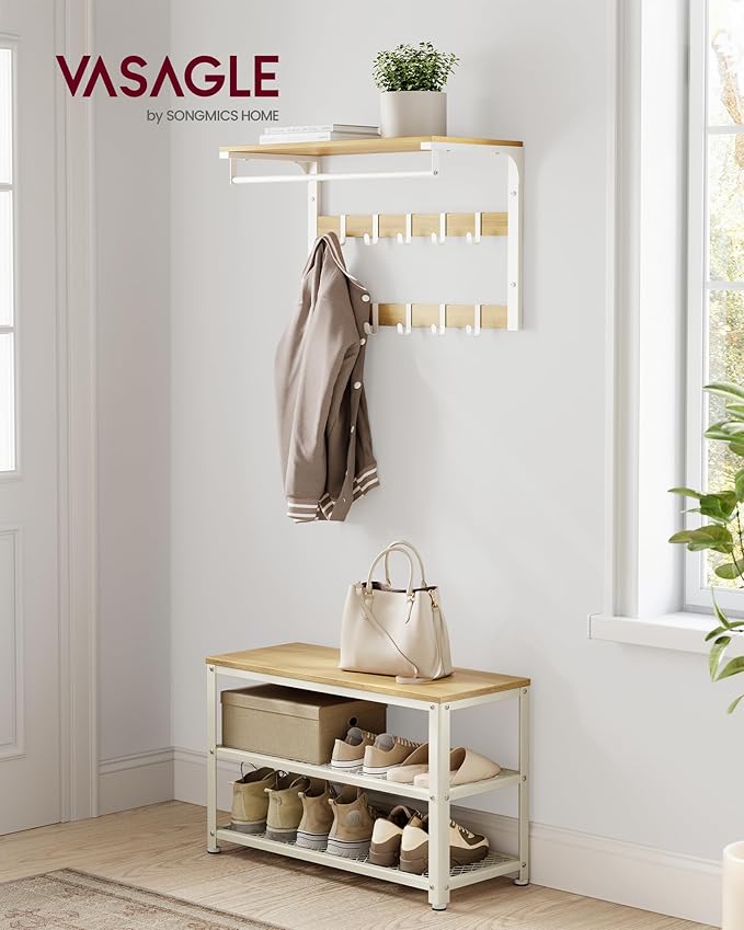 VASAGLE, 3-Tier Shoe Rack, Shelf Storage Bench with Metal Mesh Shelves and Seat, Free Standing Shoe Organizer for Entryway, 11.8 x 28.7 x 17.7 Inches, Oak Beige and Classic White ULBS073W09