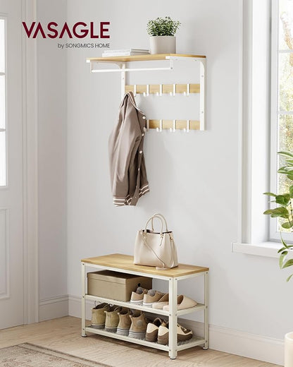 VASAGLE, 3-Tier Shoe Rack, Shelf Storage Bench with Metal Mesh Shelves and Seat, Free Standing Shoe Organizer for Entryway, 11.8 x 28.7 x 17.7 Inches, Oak Beige and Classic White ULBS073W09