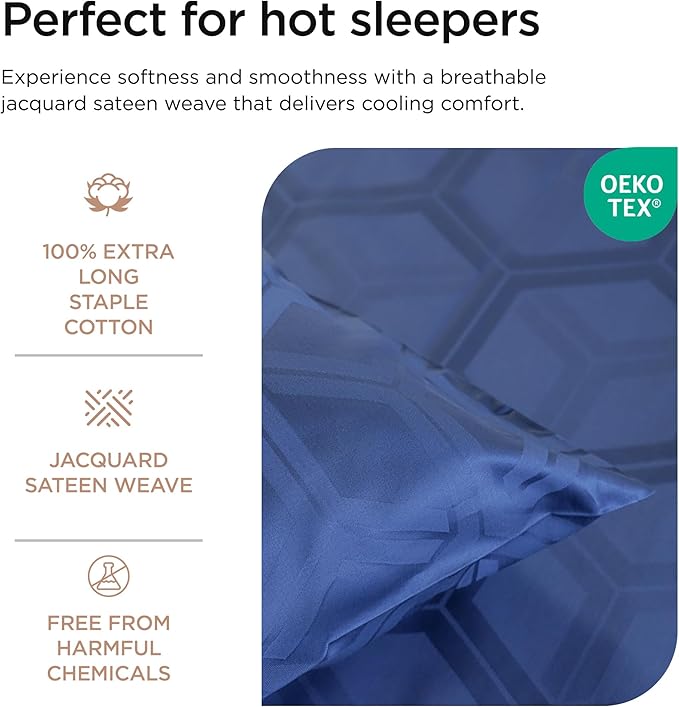 Threadmill 100% Cotton Sheets for Full Size Bed - 600 Thread Count Full Bed Sheets Set with 16” Deep Pocket - Jacquard Sateen Weave 4-Piece Bedding Set with Cooling Effect, Folkstone Blue