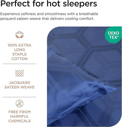 Threadmill 100% Cotton Sheets for Full Size Bed - 600 Thread Count Full Bed Sheets Set with 16” Deep Pocket - Jacquard Sateen Weave 4-Piece Bedding Set with Cooling Effect, Folkstone Blue