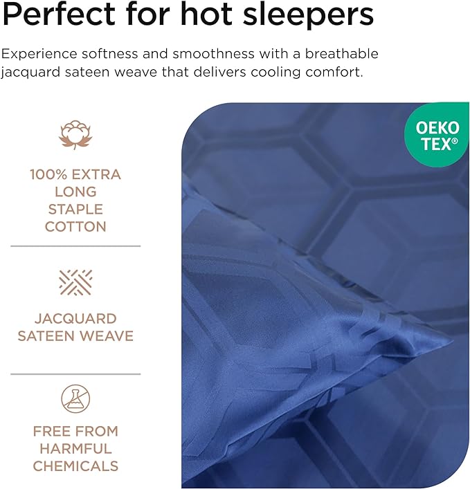 Threadmill 100% Cotton Sheets for King Size Bed - 600 Thread Count King Bed Sheets Set with 16” Deep Pocket - Jacquard Sateen Weave 4-Piece Bedding Set with Cooling Effect, Folkstone Blue