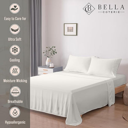 Bella Coterie Luxury Bamboo Viscose Split King Size Sheet Set | 100% Organically Grown | Ultra Soft | Cooling for Hot Sleepers | 18" Deep Pocket [Ivory]