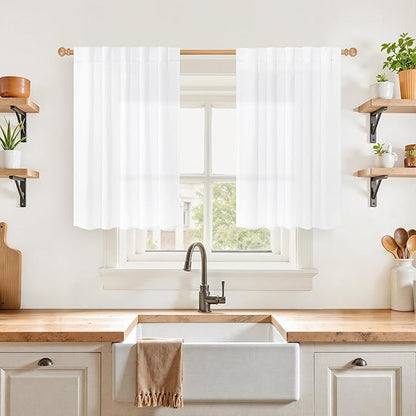 YoungsTex White Linen Kitchen Window Curtains - 36 Inch Length Light Filtering Drapes Semi Sheer with Rod Pocket Back Tab for Bathroom Cafe Windows Over Sink, 42 X 36 Inch
