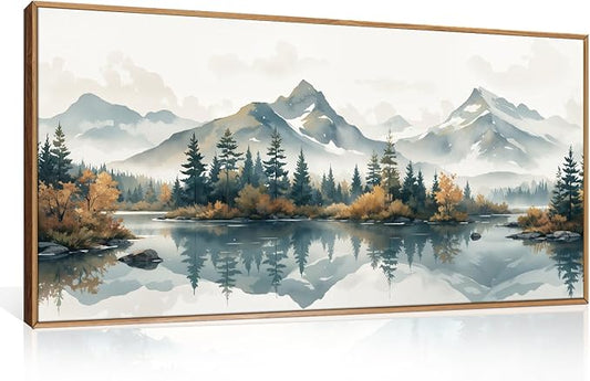 HLNIUC White Foggy Forest Mountain Wall Art Framed,Large Misty Watercolor Pine Tree Wall Decor(20"x40"), Nature Lake Landscape Canvas Painting for Living Room, Bedroom, Office