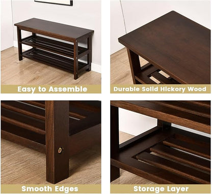 CONSDAN Wood Shoe Bench Rack, USA Grown Hickory, Entryway Bench with Shoe Storage, Mud Room Bathroom, Front Door, Outdoor/Indoor, Dark Walnut(Black)