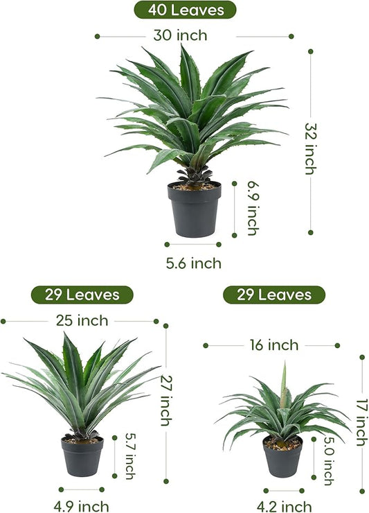 Velener Artificial Agave Plant in Black Pot with Real Stone Pebbles, Large Fake Agave Plants with Green Serrated Leaves, Faux Yucca for Indoor and Outdoor Decor-27 Inches Tall, 29 Leaves