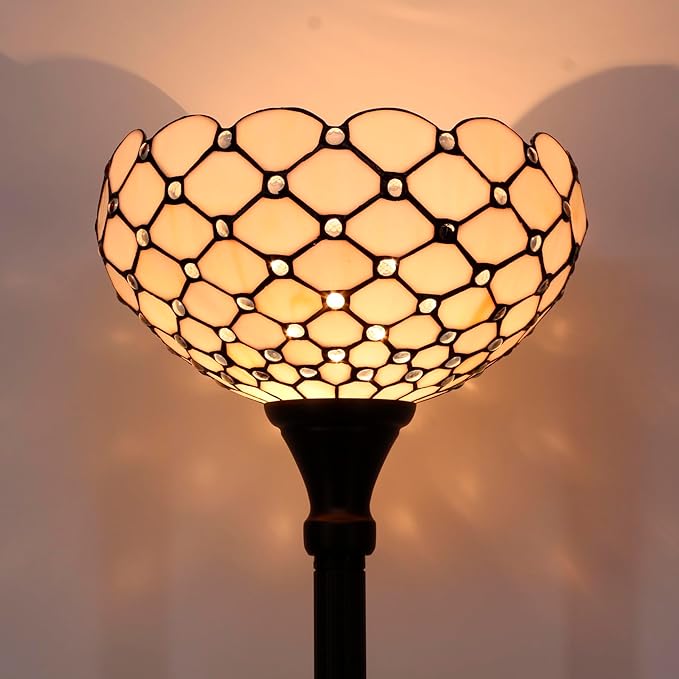 WERFACTORY Tiffany Floor Lamp Cream Amber Stained Glass Bead Light 12X12X71 Inches Pole Torchiere Standing Corner Torch Uplight Decor Bedroom Living Room Home Office (LED Bulb Included) S005 Series