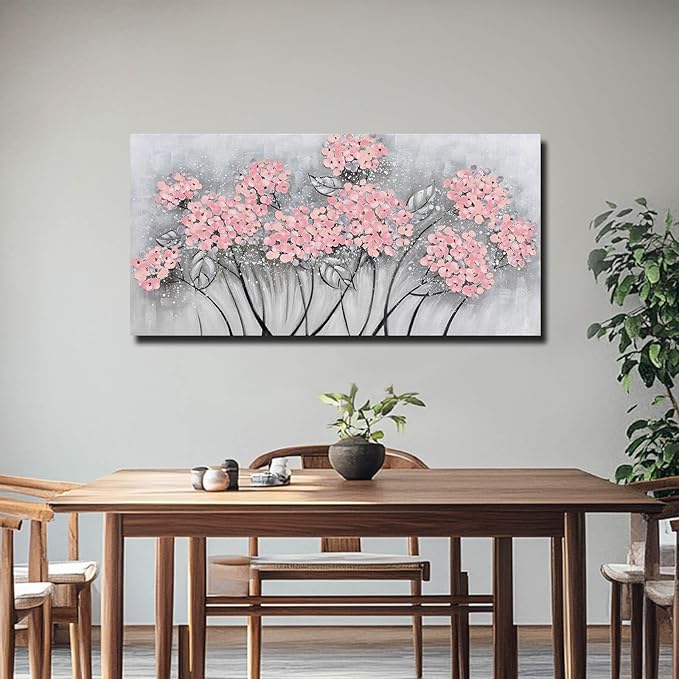 SOUGUAN Flower Wall Decor/Living Room Decorations/Pink Modern Artwork/Hand Painted Botanical Paintings for Bedroom Kitchen Home Office 20"x 40"