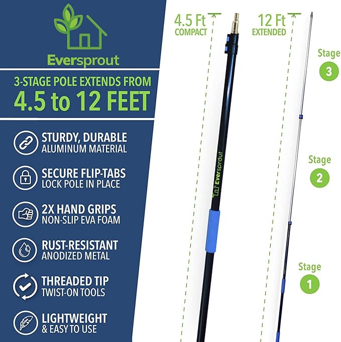 EVERSPROUT 5-to-12 Foot Swivel Squeegee & Microfiber Glass Window Scrubber, Window Squeegee & Window Cleaning Kit, Light-Weight Window Washing Kit with Extension Pole, Squeegee for Window Cleaning