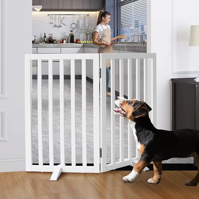 Dog Gate Indoor, Freestanding Dog Fence for The House, Doorways, Hallways,or Stairs,Pet Gate Foldable Wooden,Expandable 32" Height 2 Panels,White