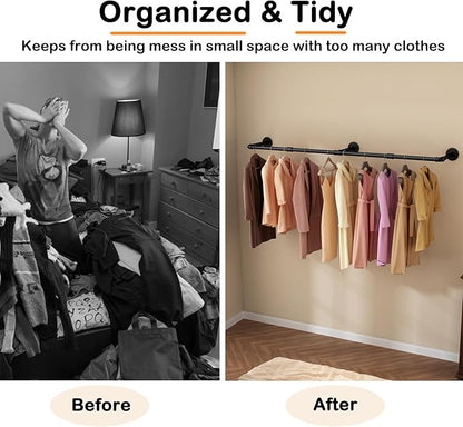 Wall Mounted Clothes Rack 60in, Industrial Pipe Clothing Racks Wall Mount, Heavy Duty Detachable Iron Garment Bar, Saving Space, Multi-Purpose Hanging Rod for Bedroom, Laundry Room, 2 Packs