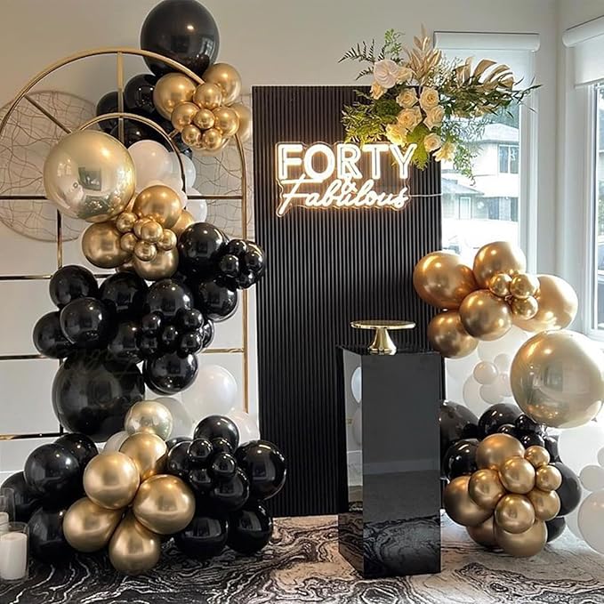 Metallic Gold and Premium Latex Black White Balloons, 60Pcs 12 Inch Black Gold Confetti Balloons with Black and Gold Ribbons Set for Birthday Graduation Baby Shower Wedding Party Decorations