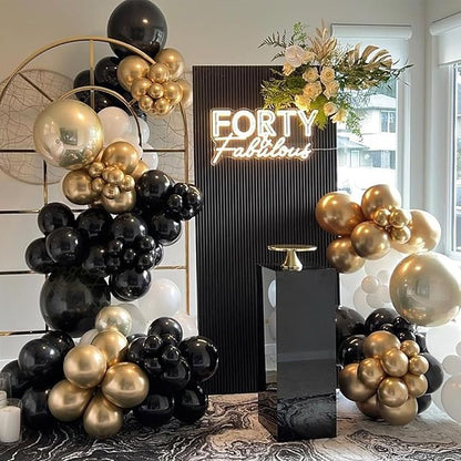 Metallic Gold and Premium Latex Black White Balloons, 60Pcs 12 Inch Black Gold Confetti Balloons with Black and Gold Ribbons Set for Birthday Graduation Baby Shower Wedding Party Decorations