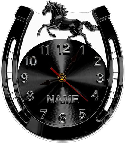 Personalized Horseshoe Name Wall Clock for Horse Lovers 2D Acrylic Printing Custom Name Clock Decorative Wall Clocks Suitable for Reception Rooms Conference Rooms Offices (Black Horseshoe)