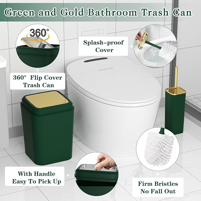 Dark Green Bathroom Accessories Set, Green and Gold Bathroom Accessories with Trash Can, Soap Dispenser, Soap Dish, Toothbrush Holder and Q-tip Holders