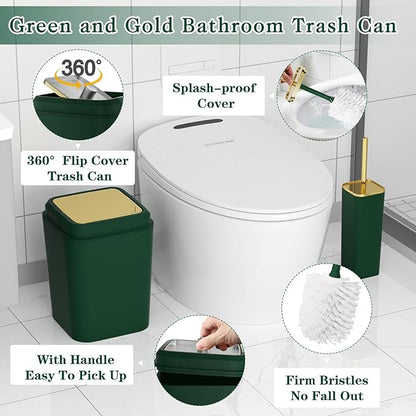 Dark Green Bathroom Accessories Set, Green and Gold Bathroom Accessories with Trash Can, Soap Dispenser, Soap Dish, Toothbrush Holder and Q-tip Holders