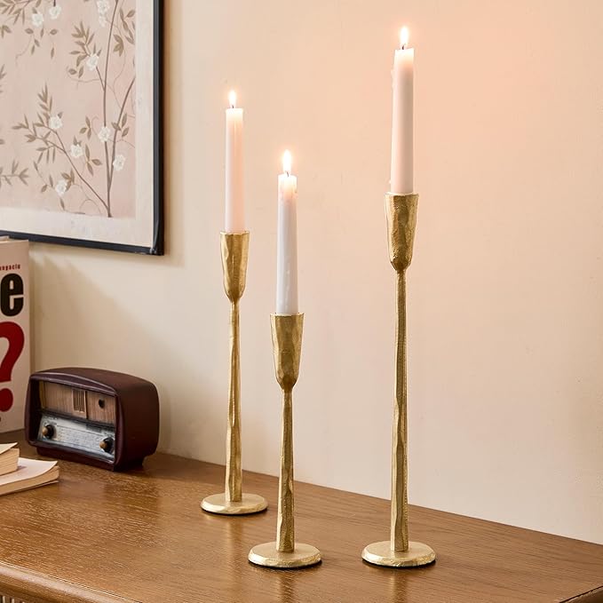 Cast Iron Taper Candle Holder Set of 3, Vintage Candlestick Holders Decorative Candle Stand, Tapered Candle Holders Tall Set for Wedding, Holiday, Home Decor, Christmas Decoration (Gold)