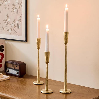 Cast Iron Taper Candle Holder Set of 3, Vintage Candlestick Holders Decorative Candle Stand, Tapered Candle Holders Tall Set for Wedding, Holiday, Home Decor, Christmas Decoration (Gold)