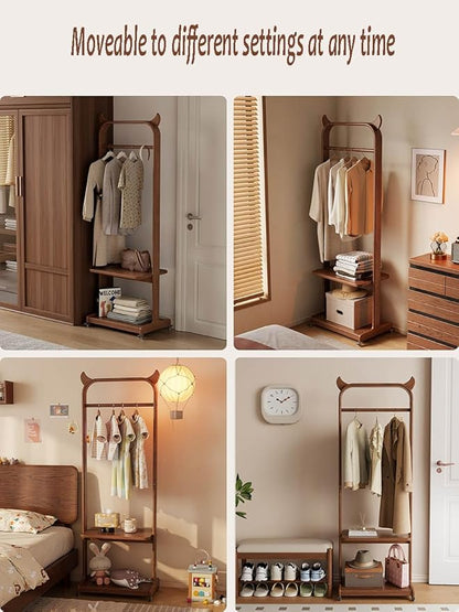 Solid Wood Clothes Rack for Hanging Clothes, Rolling Clothing Racks with Shelves, Portable Closet Organizer on Wheels Garment Rack (Walnut)