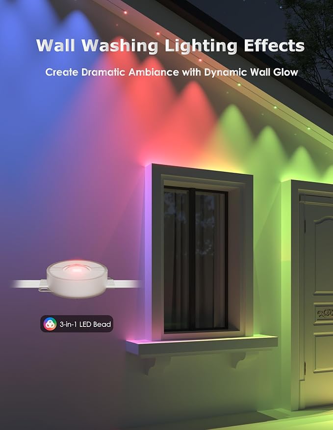 100ft Permanent Outdoor Lights, Smart RGB+IC Eave Lights, 60 Bright LEDs with 75 DIY Scene Modes & 16 Million Colors, Work with Alexa/App, IP68 Waterproof Light for House Holiday Christmas