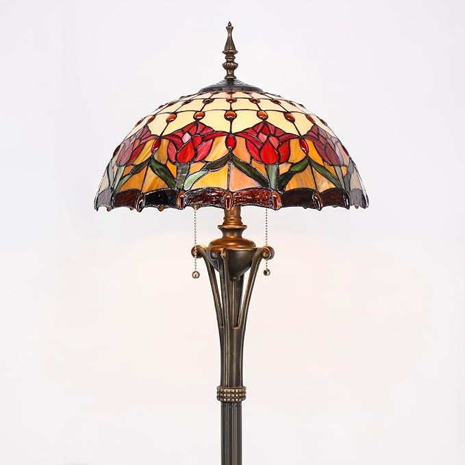 Tiffany Floor Lamp Red Amber Stained Glass Tulip Flower Standing Reading Light 16X16X70 Inches Antique Pole Corner Lamp Decor Bedroom Office Living Room