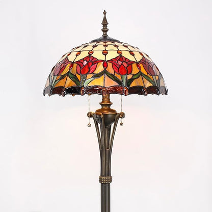 Tiffany Floor Lamp Red Amber Stained Glass Tulip Flower Standing Reading Light 16X16X70 Inches Antique Pole Corner Lamp Decor Bedroom Office Living Room