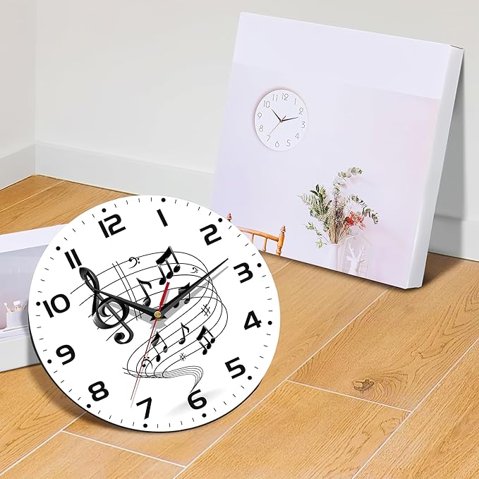 Music Notes Wall Clocks Wooden Wall Clock Art Hanging Clocks Silent Non-Ticking Wall Clock Battery Operated Round Home Arabic Numeral Decorative Wall Clocks 10 Inch