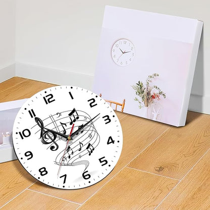 Music Notes Wall Clocks Wooden Wall Clock Art Hanging Clocks Silent Non-Ticking Wall Clock Battery Operated Round Home Arabic Numeral Decorative Wall Clocks 10 Inch