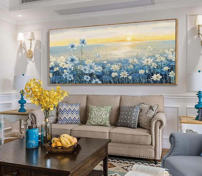 amatop Giant Framed Wall Art for Living Room Extra large Modern Coastal Beachy Canvas Wall Art Big Floral Sunrise Blue Wall Picture Oversized Lake Nature Sunset Artwork Office Bedroom Decor 71“x31”