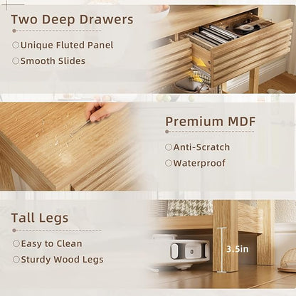 BREEZEHEAT 40" Fluted Console Table with 2 Drawers, Modern Wood 2 Tier Entryway Table with Storage Shelf, Narrow Sofa Table Behind Couch Accent Table for Entrance Foyer, Hallway, Living Room, Natural