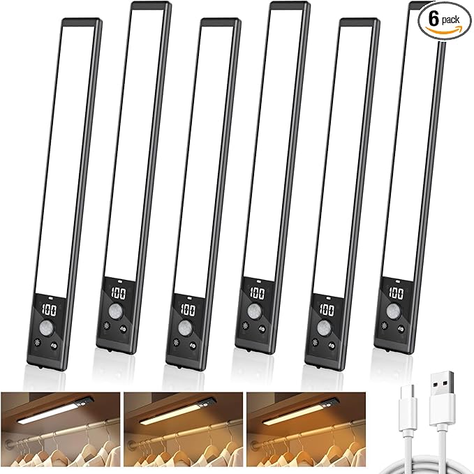 6 Pack 12" Under Cabinet Lights with Digital Display,2200mAh Rechargeable Motion Sensor Light Indoor,3 Color Temperatures, Magnetic Dimmable Closet Lights, Under Counter Light for Kitchen