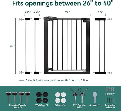 Babelio Baby Gate for Doorways and Stairs, 26-40" Auto Close Dog Gate, PressGuard C5, Easy-Install Pressure Mounted Satey Door, No Drilling Safety Gate for Child and Pets, Black