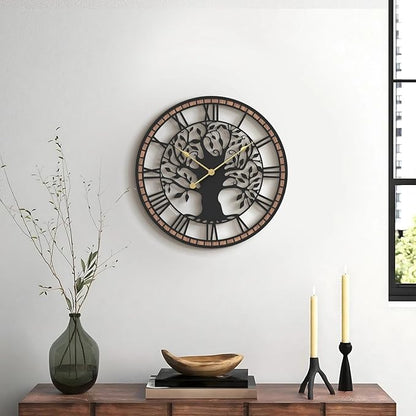 Micasso Non-Ticking Large Wall Clock: 21Inch Tree of Life Metal Black with Solid Wood Frame - Battery Operated Silent Clock for Living Room/Office/Bedroom/Kitchen - Home Decor for Trendy Fashionistas