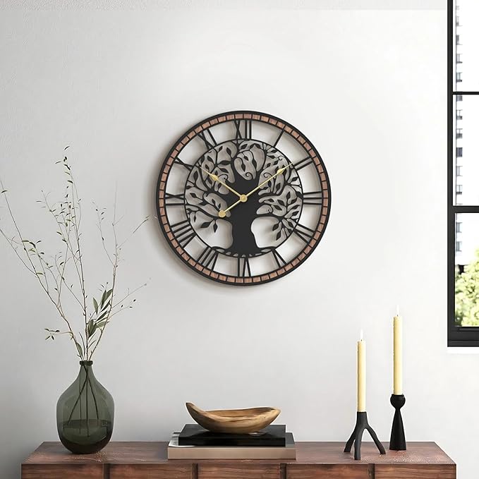 Micasso Non-Ticking Large Wall Clock: 15Inch Tree of Life Metal Black with Solid Wood Frame - Battery Operated Silent Clock for Living Room/Office/Bedroom/Kitchen - Home Decor for Teen