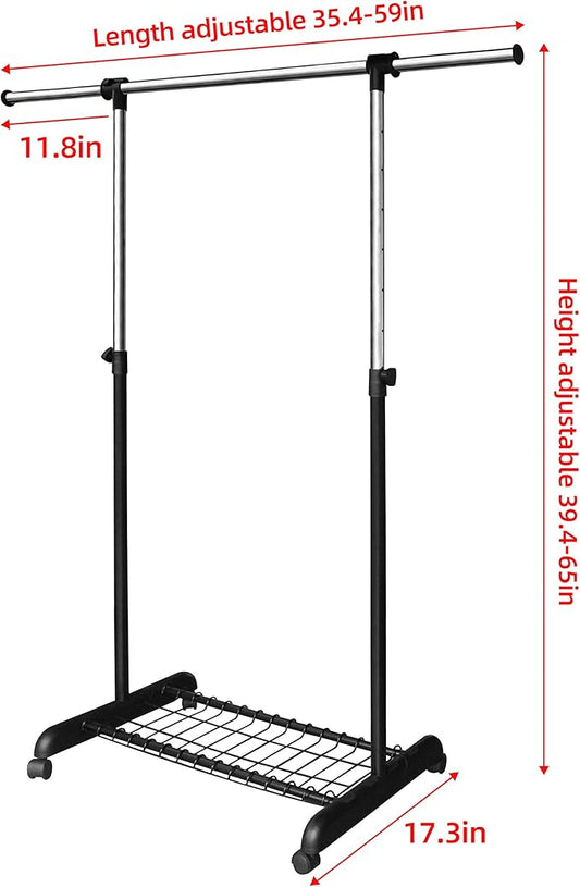 LiaMeE Adjustable Clothing Rack for Hanging Clothes, Heavy Duty Garment Rack with Wheels，Free Standing Rolling Clothes Rack with Shelf & Grid, Easy Assembly Standard Rod, Black & Chrome