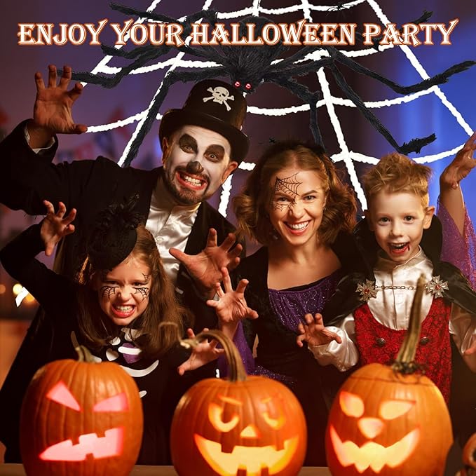 275" Halloween Triangle Spider Web and 59" Giant Spider Decorations Set with Stretch Cobweb - Halloween Party Supplies for Indoor Home Yard Patio Garden Haunted House Decor
