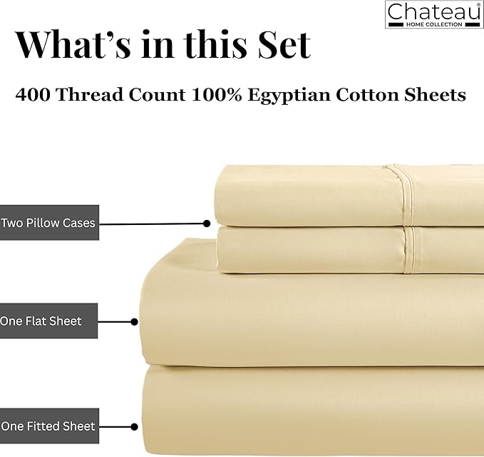 CHATEAU HOME COLLECTION 100% Egyptian Cotton Sheets Full Size Bed Set, 400 Thread Count Soft Sateen Weave Deep Pocket Sheets Fits Upto 17", Luxury Full Sheet Set- Ivory