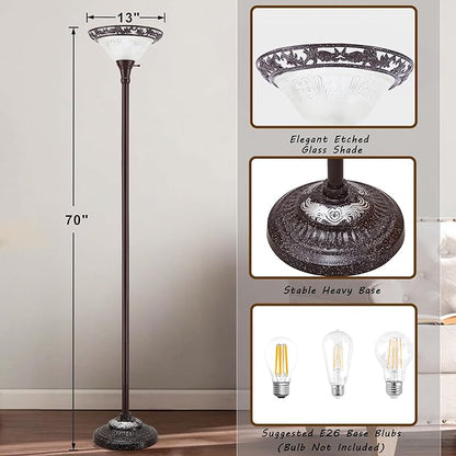 Luvkczc Torchiere Floor Lamp for Living Room - 70" Victorian Floor Lamp with with Etched Glass Shade, Vintage Standing Corner Tall Reading Light for Bedroom Office