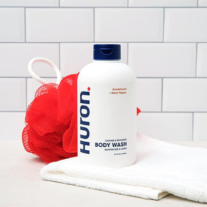 Huron Men’s Moisturizing Body Wash - Clean & Woody Scent of Sandalwood, Black Pepper, Cedarwood, & Amber - Made With Coconut Oil, Vitamin E & Witch Hazel - Vegan, Cruelty-Free - 12.2 fl oz