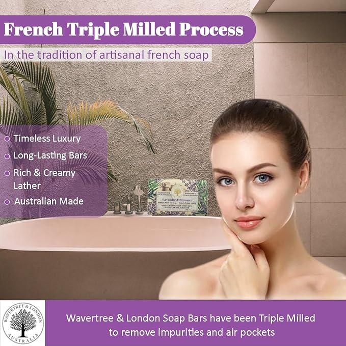 Wavertree & London Lavender D'Provence Scented Natural Soap (8 Bars), 7oz Moisturizing French Triple Milled Soap Bars enriched with shea butter - Pure Plant Oil Bath & Body Bars for All Skin Types